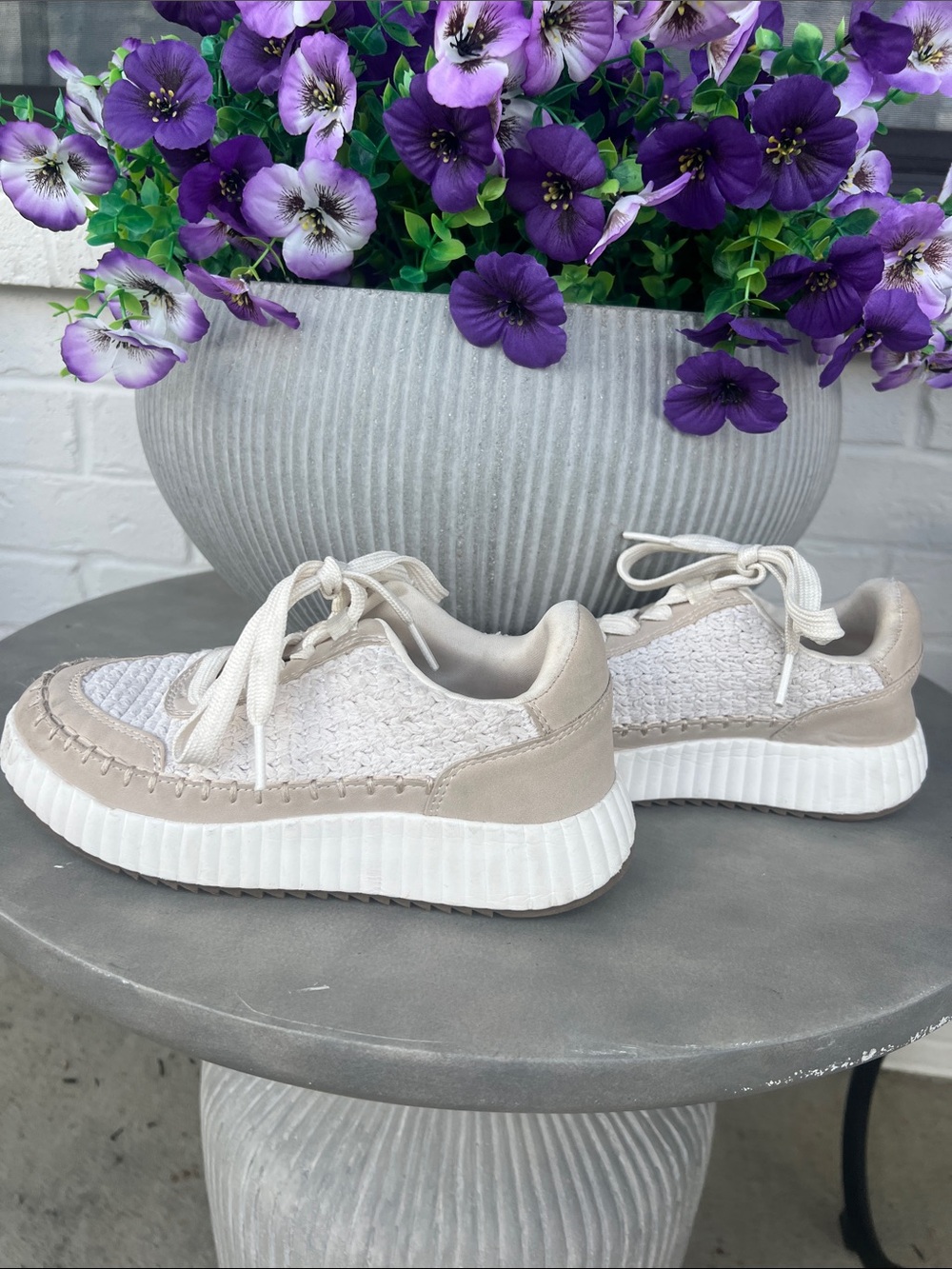 Dolce Vita Beige and White Knit Lace-Up Kids Sneakers